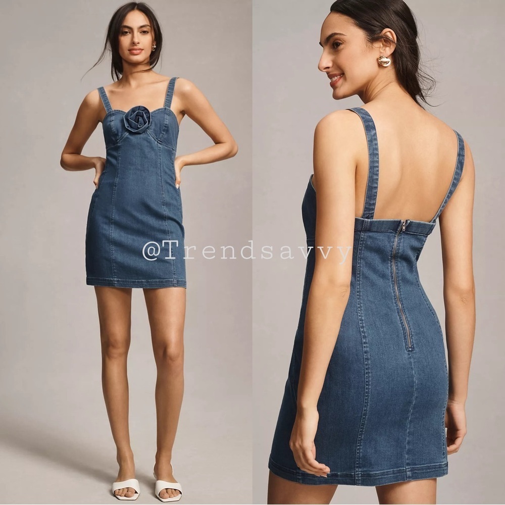 Anthropologie Porridge Denim Rosette Bustier Mini Dress Blue Petite Medium Party